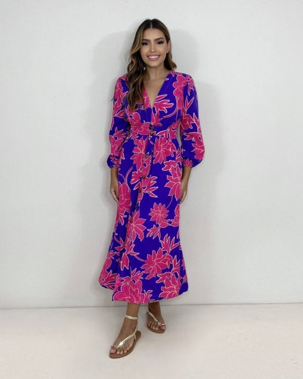 Vestido Clara - Floral Fundo Azul