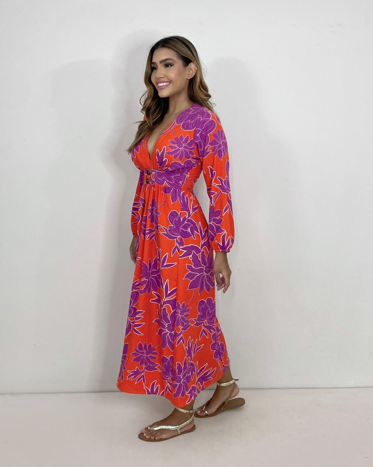 Vestido Clara - Floral Fundo Laranja - Image 2