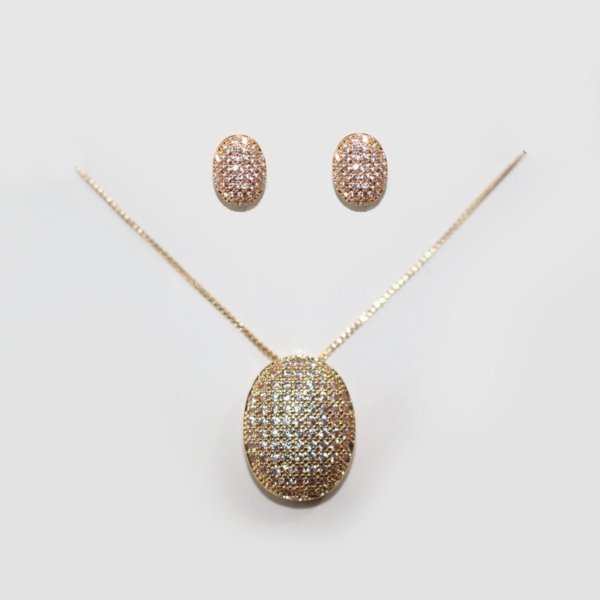 Conjunto Oval Dourado Cravejado (Brinco + Colar)