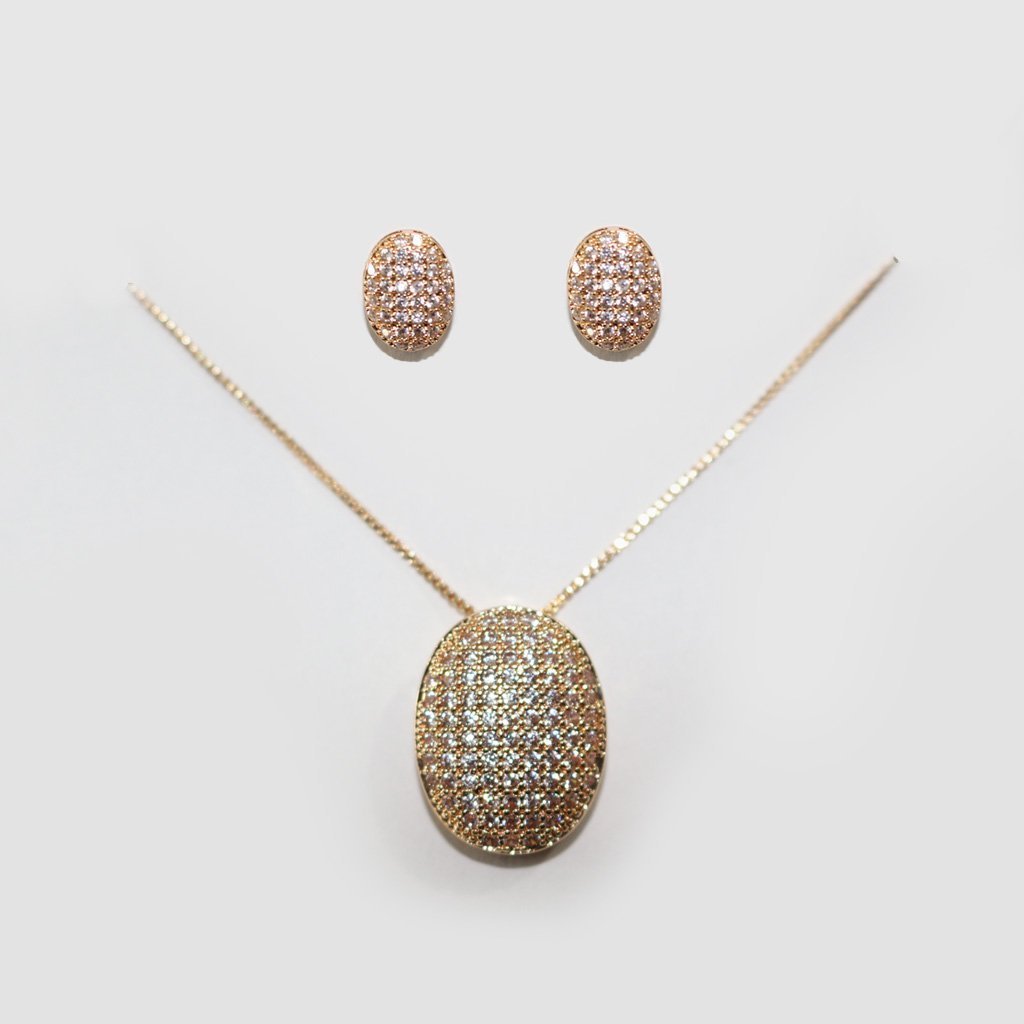 Conjunto Oval Dourado Cravejado (Brinco + Colar)