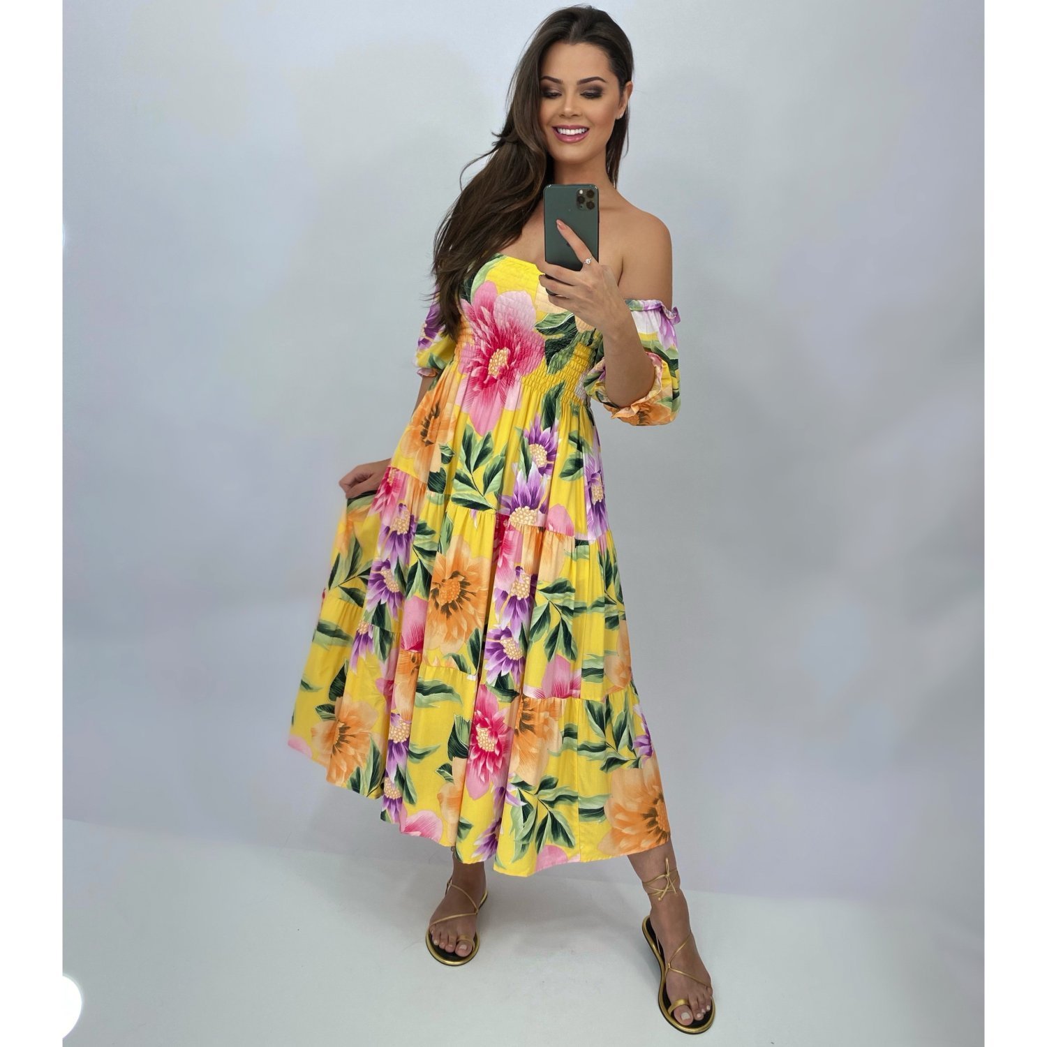 Vestido Nina Midi - Floral Exclusivo Fundo Amarelo - Image 1