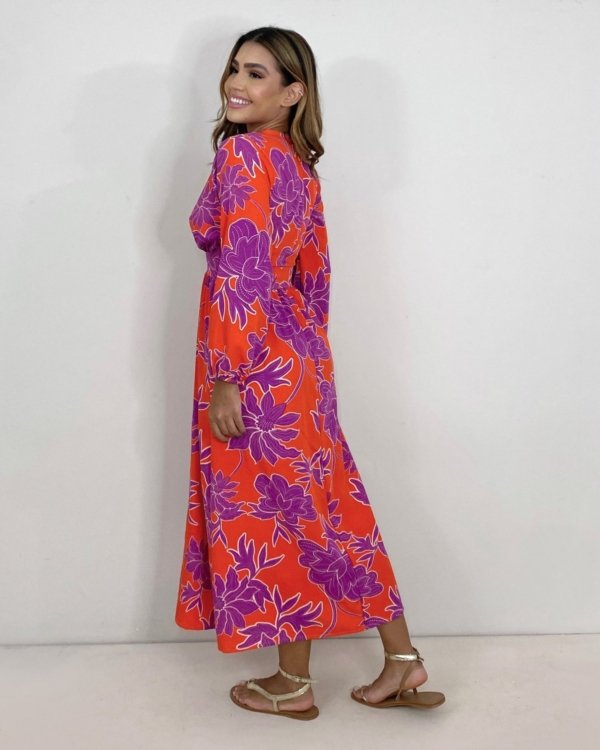 Vestido Clara - Floral Fundo Laranja
