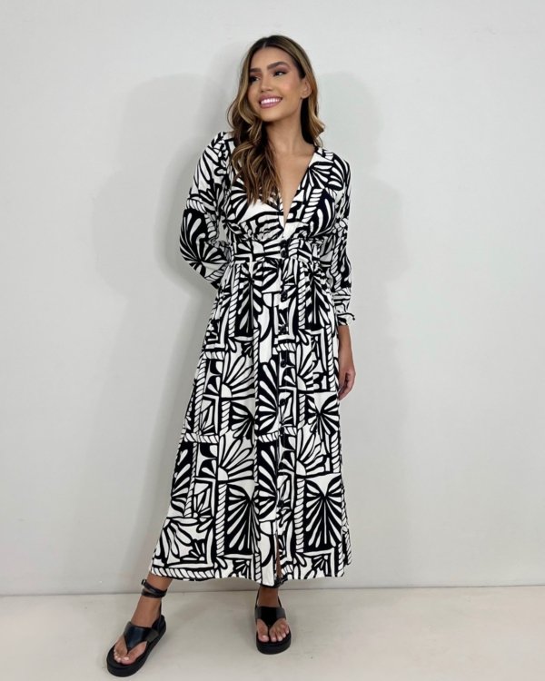 Vestido Clara - Estampa Folha Preta