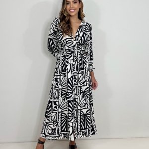 Vestido Clara - Estampa Folha Preta - Image 1