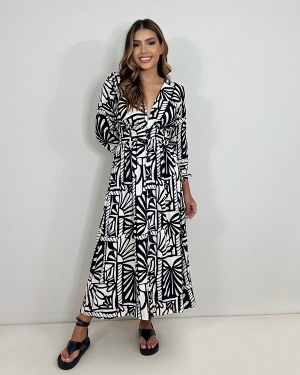 Vestido Clara - Estampa Folha Preta