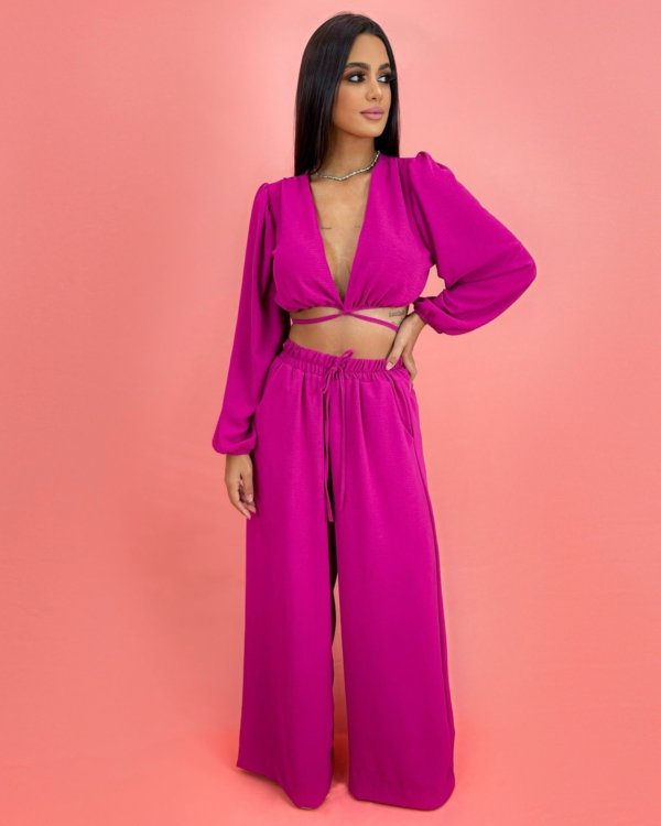 Calça Pantalona em Duna - Fúcsia