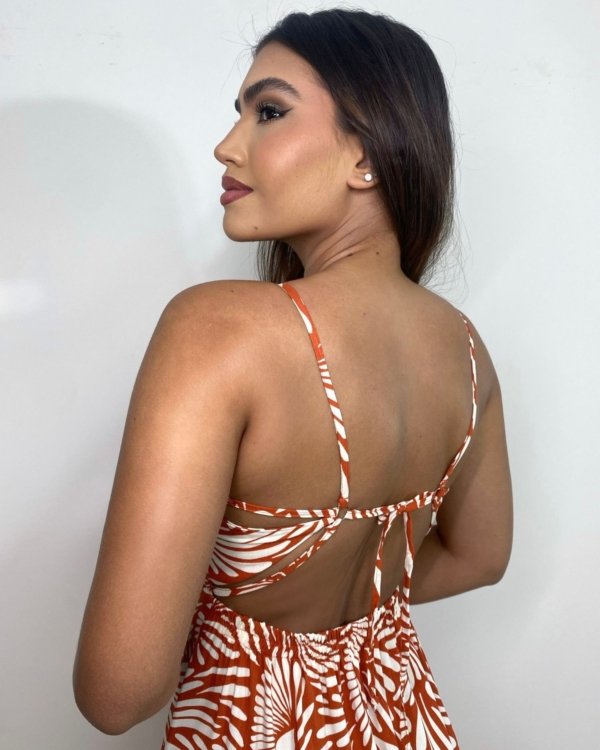 Vestido Naiane Longo - Estampado Fundo Laranja