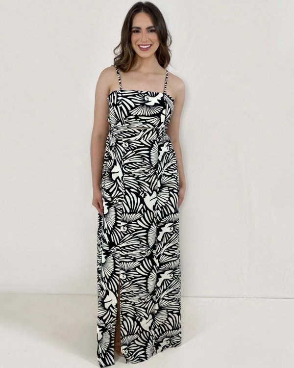 Vestido Naiane Longo - Estampado Fundo Preto