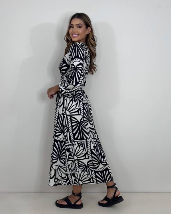 Vestido Clara - Estampa Folha Preta